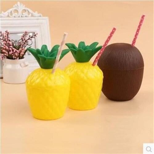 10Pcs Plastic Hawaii Pineapple Coconut Drinking Cup Fruit Shape Juice Party Cups Hawaii Birthday Summer Beach Pool Party Decor