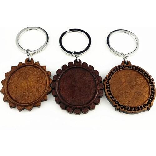 Jiangzimei 5pcs fit 30mm round cabochon dark brown wood keychain base settings blank wooden trays for keyring Keychain making