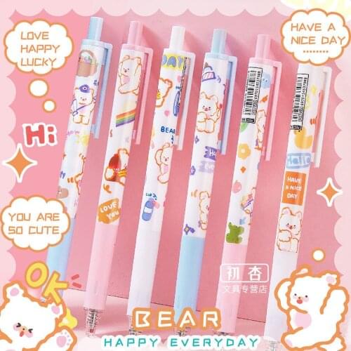 6pcs FUFU Bear Press Gel Pen Stationery for School Supplies Kawaii Black Press Pen 0.5 Large Capacity Quick Dry