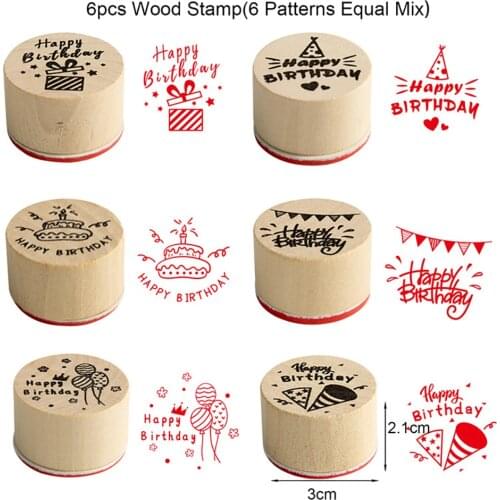 6Pcs Happy Birthday Wood Stamps DIY Scrapbooking Party Wooden Rubber Stamp Craft Supplies Handmade Wooden Stamp for Home Decor