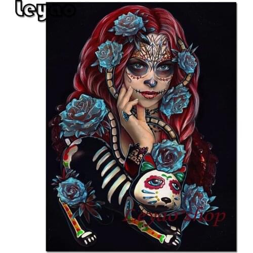 DIY 5D Diamond Painting Full Square Round Skull Face Woman Diamond Embroidery Cross Stitch Rose Lady Portrait Mosaic Home Decor