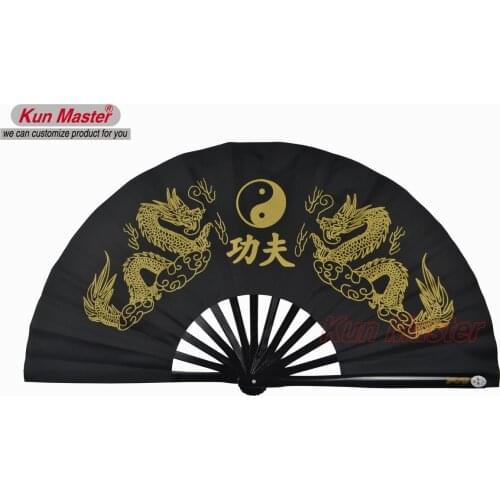 Bamboo Kung Fu Fighting Fan, Martial Arts Practice Performance Fan,Wu Shu Fan, Double Dragon (gold Black)