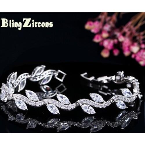 BeaQueen Fashion Leaf Shape Big Marquise Stone Paved CZ Crystal Charms Bracelet Bangle Women Wedding Jewelry for Party B107