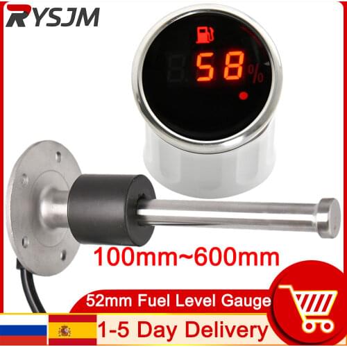 2'' 52mm Marine Boat Car Digital Fuel Tank Level Gauge 0-190Ω Waterproof Fuel Level Meter + Sensor 125mm 175mm 200mm 225mm