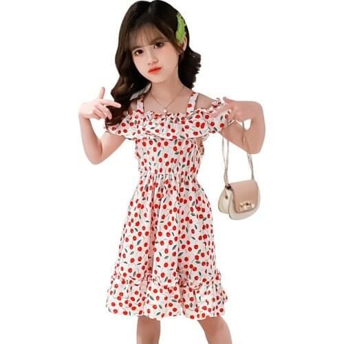 Kids Dresses For Girls Cherry Party Dress For Girls Ruffles Party Dress For Children Summer Girls Clothes 6 8 10 12 14