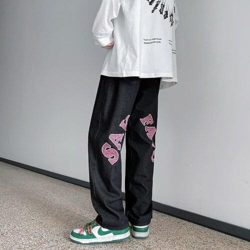 Spring and autumn new jeans mens fashion brand ins embroidered straight pants Korean fashion versatile wide leg dad pants