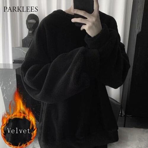 Flannel Sweatshirts Men Long Sleeve O-Neck Velvet Mens Sweatshirt Casual Thick Warm Soft Male Pullover Solid Streetwear Coat