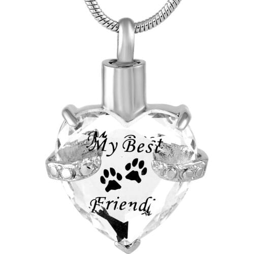 IJD9688 Love Heart My Best Friend With Paw Print Crystal Urn Cremation Pendant Necklace Ash Holder Keepsake Memorial Jewelry