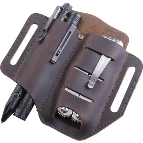 Leather Tool Sheath 2 Pockets Multitools Holder Essentials Organizer Belt Pouch for Pocket Knife Tactical Pen Flashlight Belt