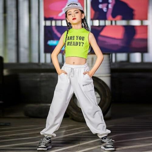 Summer Hip Hop Dance Clothes For Girls Green Vest White Hiphop Pants Modern Catwalk Street Dance Kids Wear Stage Outfit DNV14567
