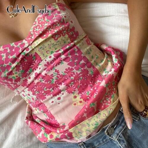 Cute Y2K Aesthetic Halter Tops Women Aesthetic 90s Floral Print Sexy Camisole Clubwear Kawaii Harajuku Shirts 90s Cuteandpsycho