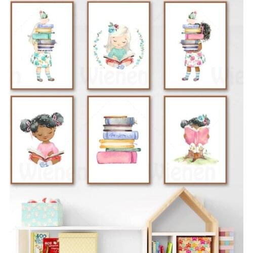 Cartoon Wall Art Little Girl Reading Book Art Posters and Prints Black White Decor Poster Canvas Painting Home Decor Girl Room