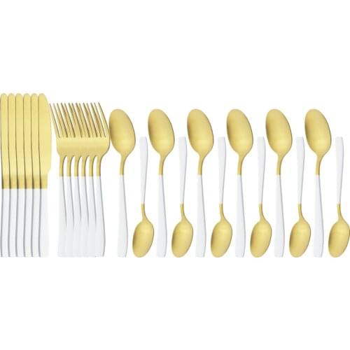 24pcs Matte White Gold Cutlery Set Stainless Steel Tableware Dessert Fork Tea Spoon Knife Silverware Kitchen Dinnerware Flatware