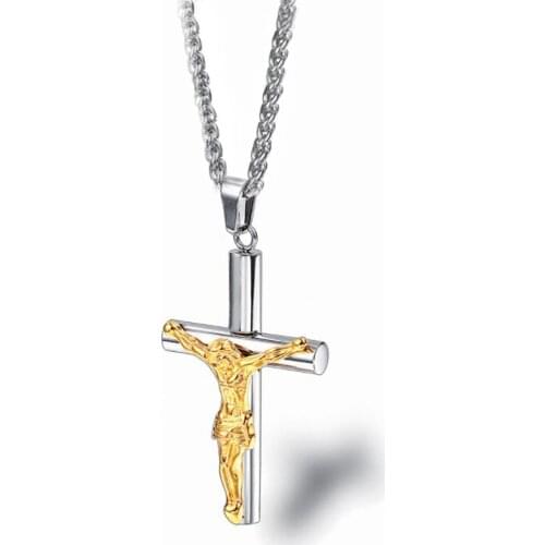 Stainless Steel Gold Christ Jesus Cross Pendant Necklace Jewelry Gift For Him with Chain Best Church Jewellery