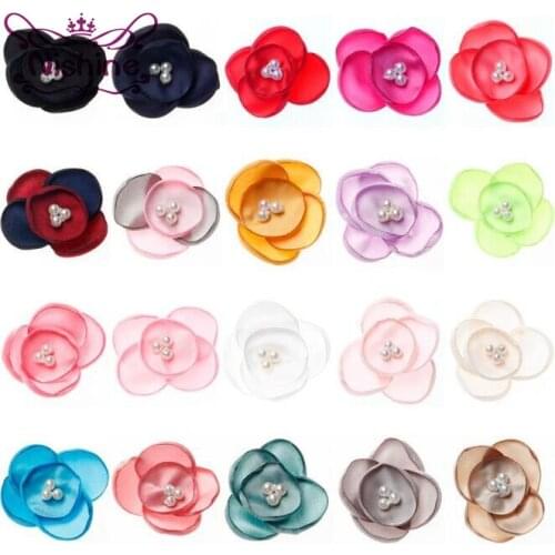Nishine 30pcs/lot 2" Chiffon Petals Flower with Pearls Hair Flowers For Kids Girls Hair Clips Hair Accessories/Headbands