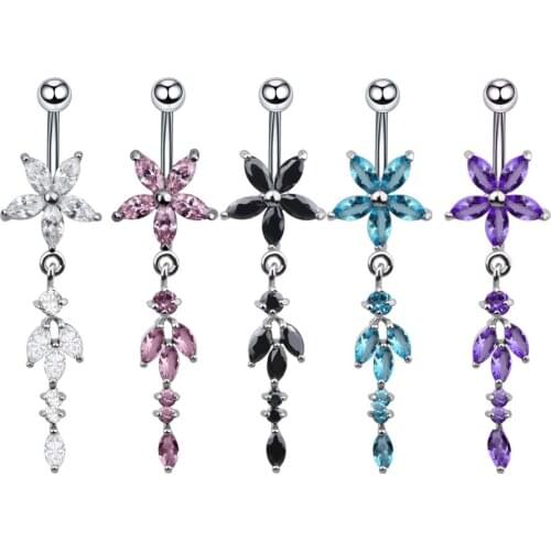 New 1Pc Women Sexy Flower Dangle Belly Button Rings Stainless Steel Navel Piercings Body Jewelry 5 Colors Ombligo Earrings Oreja