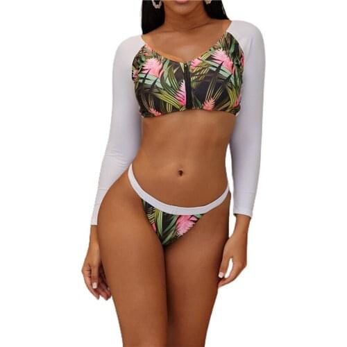Hirigin 2021 New Bikinis Womens 2Pcs Bathing Suit Long Sleeve V Neck Zip Up Crop Tops + High Cut Bikini Bottom Set Swimsuit