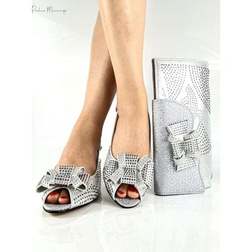 New Arrival Italian Design Fashion Silver Color Party Women Shoes and Bag Set Decorated With Special Narrow Band and Cross-tied