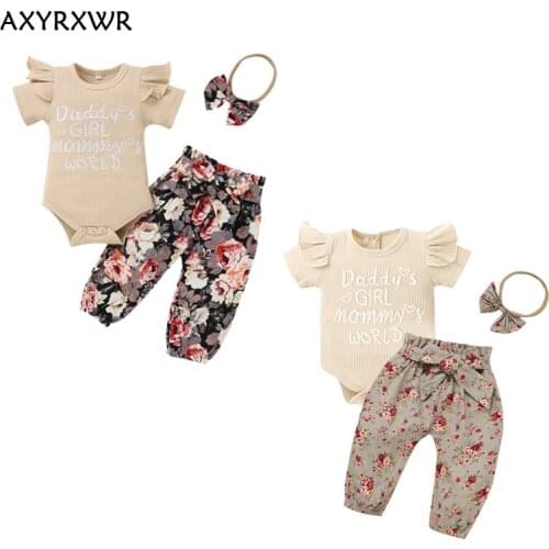 Baby Girls 3pcs Summer Clothes Sets Short Sleeve Ruffles Knitted Letter Romper +Floral Long Pants + Headdress Outfits