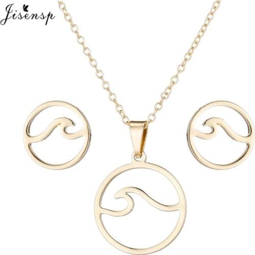 Jisensp Gold Ocean Beach Wave Pendants Necklaces for Women Stainless Steel Jewelry Simple Round Stud Earrings Men Travel Gift