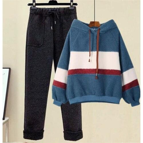 Plush Thickened Lamb Wool Sweater Womens Suit Winter Loose Color Matching Coat Nine-point Pants Two-piece Suit