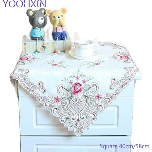 Luxury Pink satin square Tablecloth mat embroidery lace kitchen tea coffee Table Cover cloth Christmas party home Wedding decor