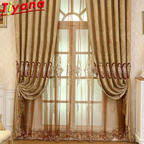 Luxury Coffee/Brown Chenille Embroidery Curtains for Living Room Hollow Nordic Tulle Out Window Drapes for Bedroom #VT