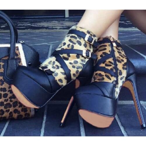 Leopard Horsehair Belt Fasten Ankle Boots Gladiator High Platform Super High Heel Party Stage Boots Female Sexy Motorcycle Boots