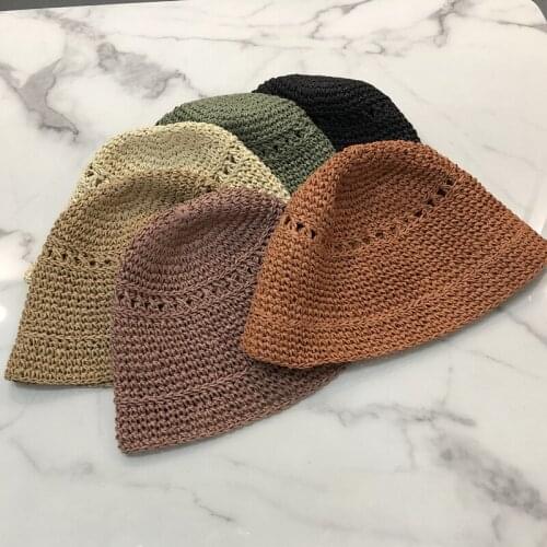 Bucket Hat Women Summer Sun Hat Handmade Crochet Straw Cap Korean Straw Woven Beach Sunscreen Fisherman Hat