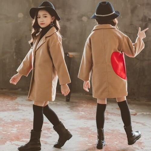 Love pattern Girl woolen coats autumn winter lapel tops kids coats big girls clothing children long clothes girls jackets