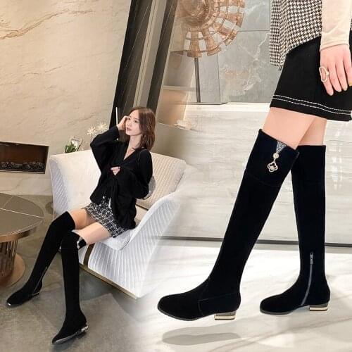 Suede Over The Knee Boots Women Square Low Heel Thigh Boots Fashion Zipper Stretch Boots Autumn Winter Ladies Shoes Black 2020