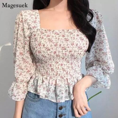 Summer Shirts Women Printed Chiffon Women Shirt Flare Sleeve Women Blouse Top Square Collar Floral Clothing Blusas Mujer 10280