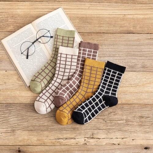 Ladies Students Plaid Net Crew Sock Girls Soft Cotton Winter Socks Woman Warm Black White Checked Ankle Socks
