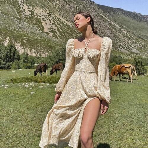 Autumn Dress Women Long Puff Sleeve Floral Printed Ruched High Waist Side Slit Long Maxi Dresses Elegant Party Sexy Vestidos