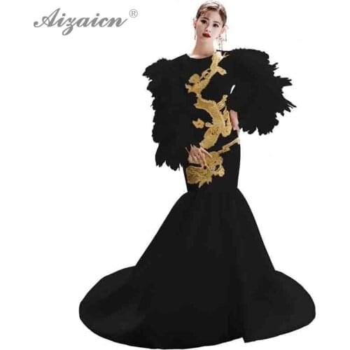 Oriental Style Black Host Cheongsam Modern Embroidey Long Qi Pao Women Chinese Traditional Dress Chinoise Stage Show Gown Qipao