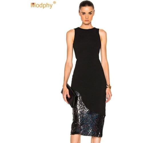 2020 Summer New Fashion Sexy Black Sequin Stitching O-Neck Midi Bandage Dress Bodycon Celebrity Club Evening Party Dress