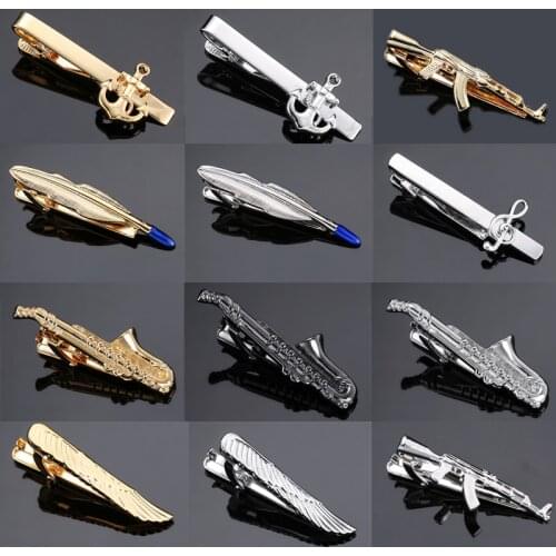 1 Piece Feather Guitar gun Anchor music sax Silvery gold Metal Tie Clip for Men Tie Bar Crystal Necktie Clips Pin For Mens Gift