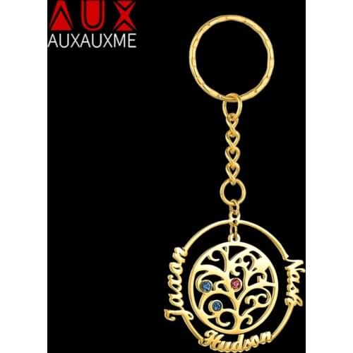 Auxauxme Custom Birthstone Tree of Life Keychains Stainless Steel Family Member Tree Keyring Birthday Gifts for mom Dad 1-3 name