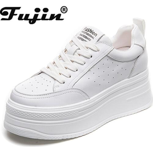 Fujin 7cm Genuine Leather Platform Wedge Shoes Chunky Sneakers White Comfortable Leather Super Thick Sole Spring Autumn Shoes