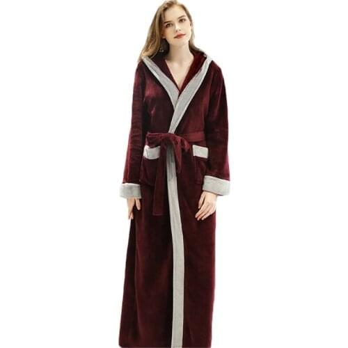 Women Men Winter Flannel Hooded Bathrobe Contrast Color Full Length Kimono Robe Thick Warm Plush Belted Nightgown Sleepwear with
