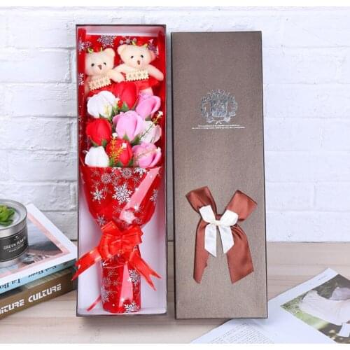 Colorful soap flower plush bouquet toy Valentines Day birthday Gifts toy Handicrafts bear animal cat