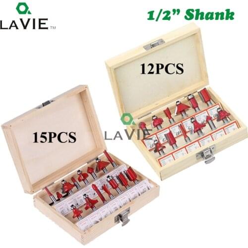 LAVIE DIY 12pcs 15pcs 1/2" 12.7mm Shank Woodworking Router Bit Set Tungsten Carbide Straight Milling Cutter Wooden Box MC03078