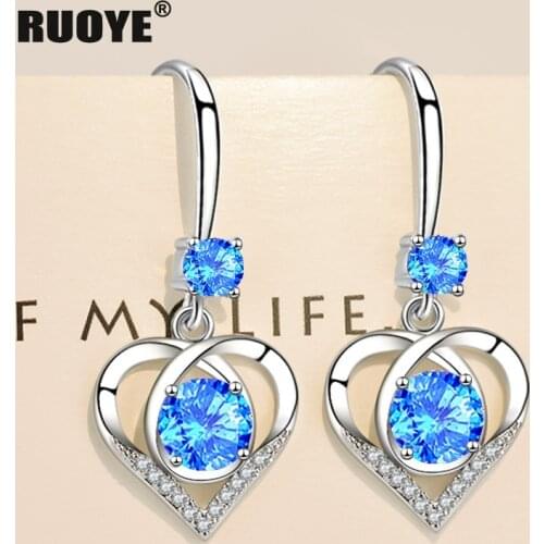 Fashion 925 Sterling Silver Stud Earrings Blue Pink White Crystal Heart Earrings Silver Jewelry New 2020