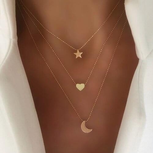 Bohemian Gold Color Star Moon Necklace for Women Multilayer Bead Chain Heart Pendant Necklace 2020 Fashion Jewelry Collar Female