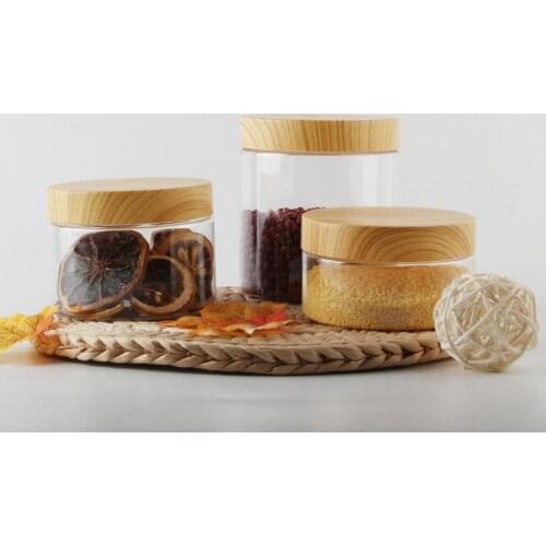 Empty Transparent Plastic Bottle with Wooden Lid Food Container 200ml/300ml/400ml/500ml/800ml/1000ml Tool Storage Kitchen K8T6