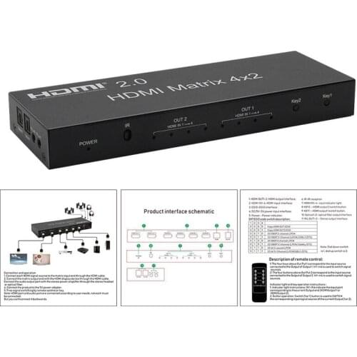 HDMI-Compatible Matrix Splitter, 4 Inputs and 2 Outputs 4K@60Hz Hd Switcher That Supports Remote Wake-Up