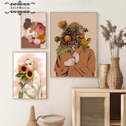 Modern Abstract Girl with Flower Poster Cartoon Sunflower Canvas Painting Print Pink Rose Wall Art Picture Bedroom Home Decor