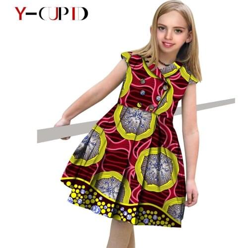 African Clothes for Kids Children Bazin Riche Cotton Summer Girls Ankara Print Double Breasted Princess Dresses Party YS204026