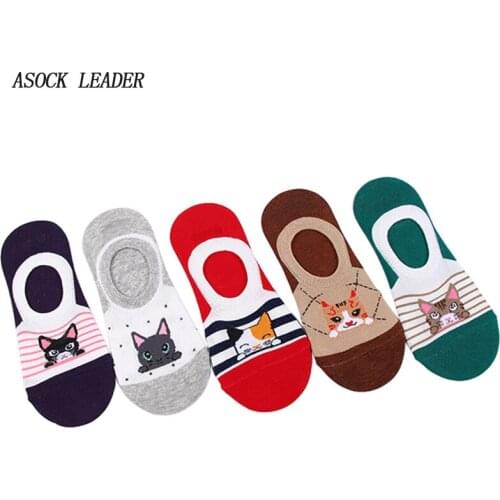 2018 Spring&Summer New Cotton Lady Stealth Boat Socks Kitten Pattern Silicone Models Skid Shallow Mouth Female Socks 5pair/Lot