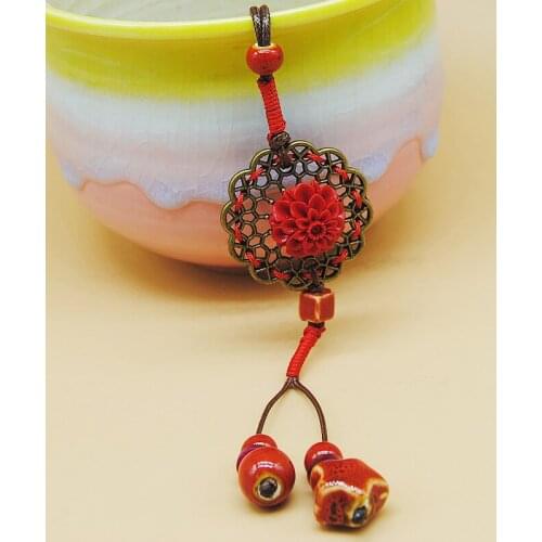 Vintage Long Tassel Pendant Necklaces Jewelry For Women Red Flower Dreamcatcher Necklace Ceramic Beads Charm Choker Accessories